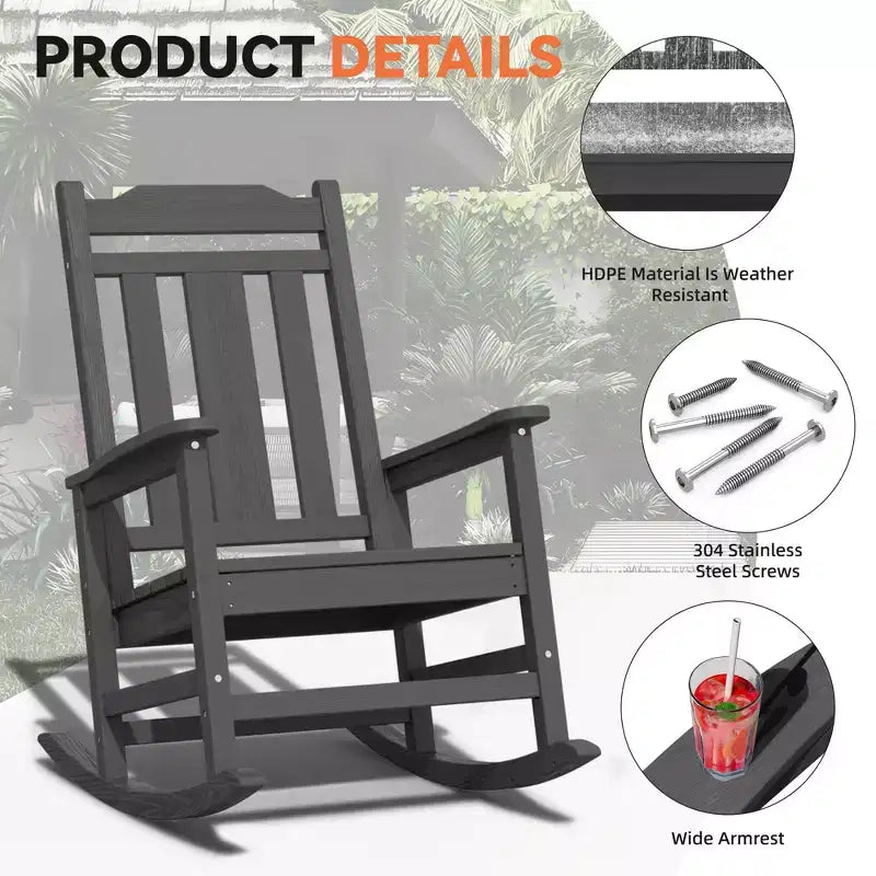 Hyleory Fauteuil à bascule moderne en résine PEHD, Chaise Adirondack extérieure extra large