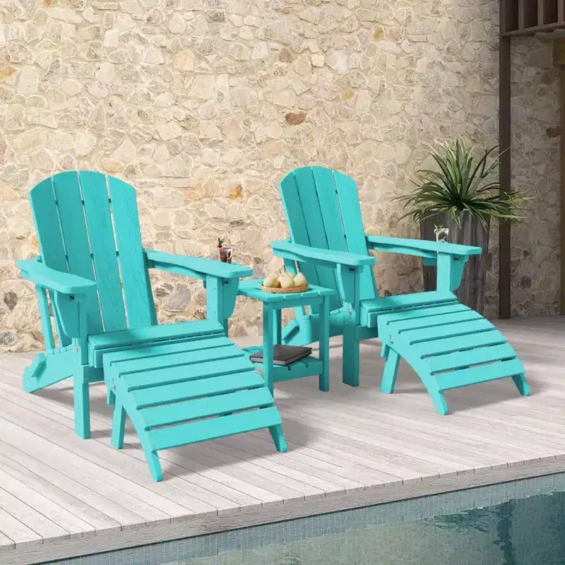 Outdoor 5-Piece Patio Conversation Set with 2 Folding Ottomans,Double-Tier End Side Table and 2 Adjustable Plastic Patio Adirondack Chairs