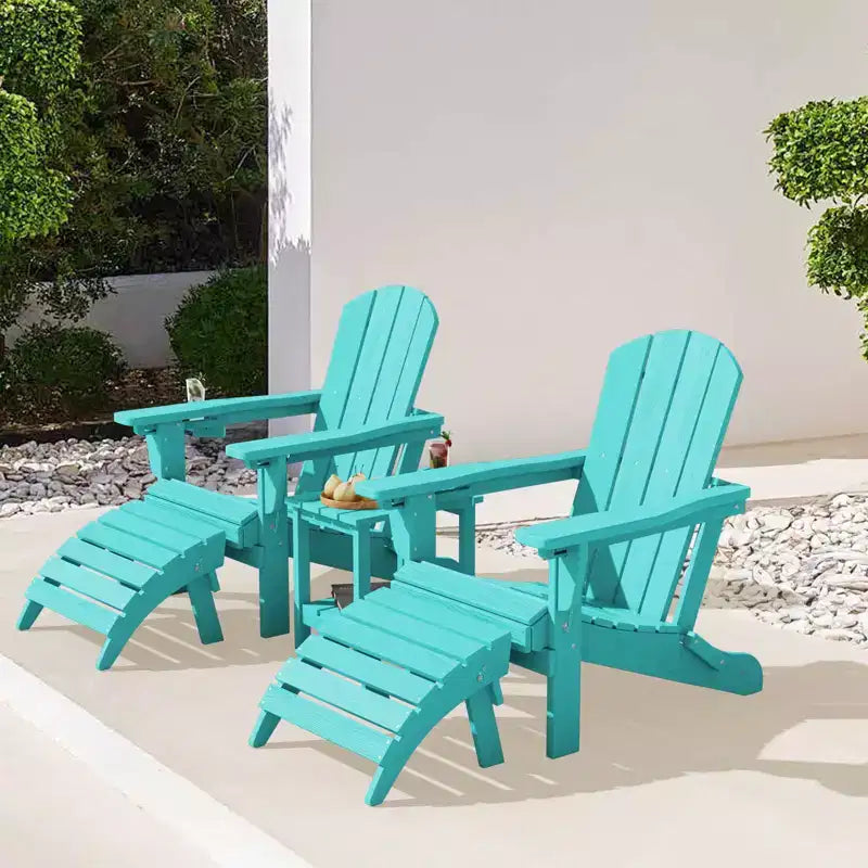 Outdoor 5-Piece Patio Conversation Set with 2 Folding Ottomans,Double-Tier End Side Table and 2 Adjustable Plastic Patio Adirondack Chairs