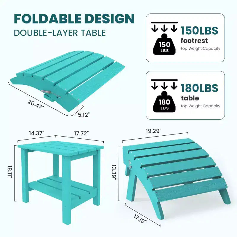 Outdoor 5-Piece Patio Conversation Set with 2 Folding Ottomans,Double-Tier End Side Table and 2 Adjustable Plastic Patio Adirondack Chairs