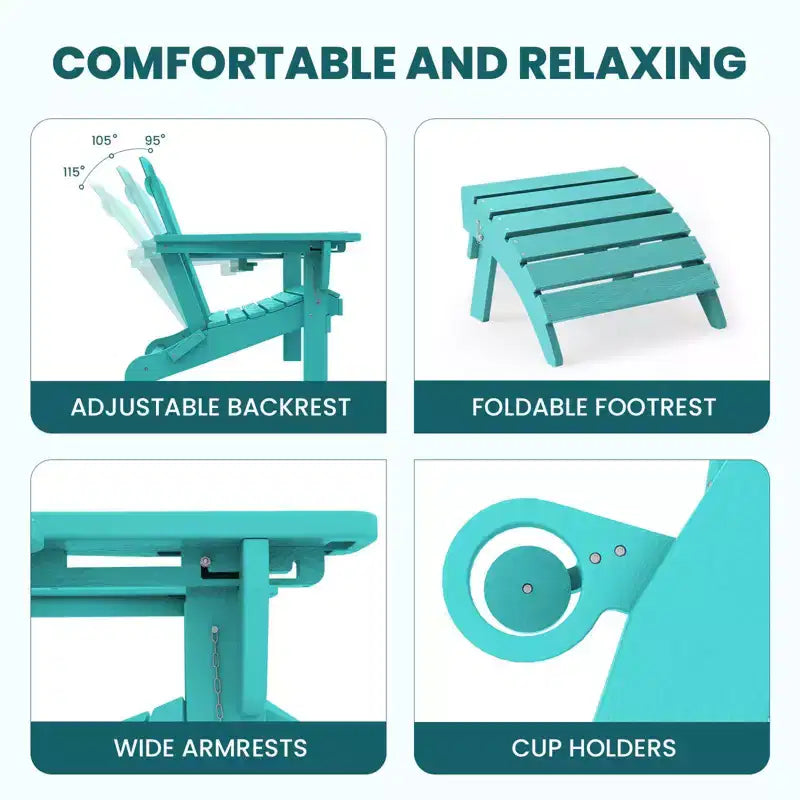 Outdoor 5-Piece Patio Conversation Set with 2 Folding Ottomans,Double-Tier End Side Table and 2 Adjustable Plastic Patio Adirondack Chairs