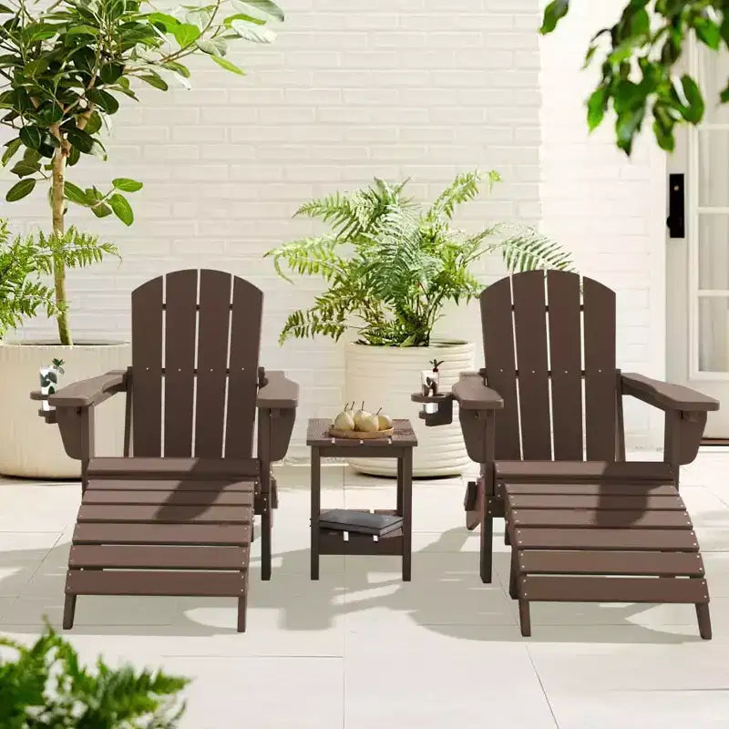 Outdoor 5-Piece Patio Conversation Set with 2 Folding Ottomans,Double-Tier End Side Table and 2 Adjustable Plastic Patio Adirondack Chairs