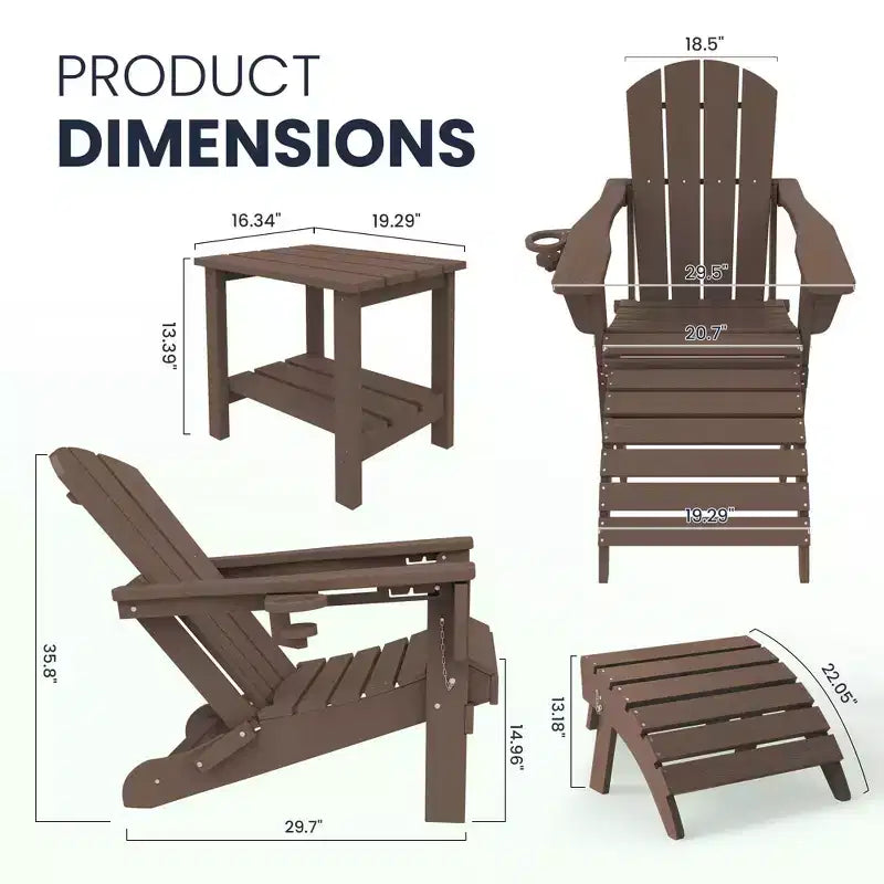 Outdoor 5-Piece Patio Conversation Set with 2 Folding Ottomans,Double-Tier End Side Table and 2 Adjustable Plastic Patio Adirondack Chairs