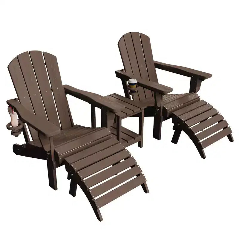 Outdoor 5-Piece Patio Conversation Set with 2 Folding Ottomans,Double-Tier End Side Table and 2 Adjustable Plastic Patio Adirondack Chairs