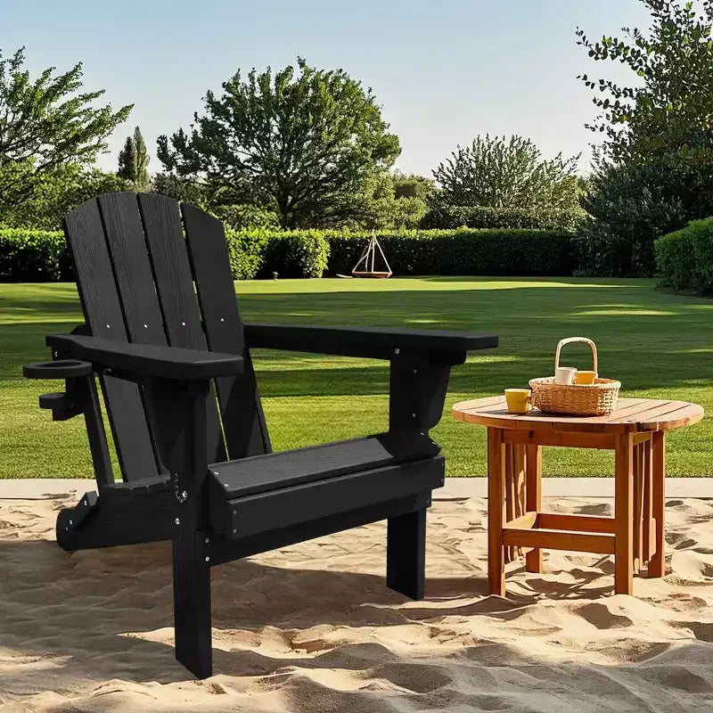 Outdoor 5-Piece Patio Conversation Set with 2 Folding Ottomans,Double-Tier End Side Table and 2 Adjustable Plastic Patio Adirondack Chairs