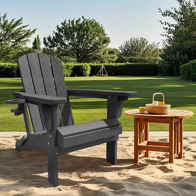 Outdoor 5-Piece Patio Conversation Set with 2 Folding Ottomans,Double-Tier End Side Table and 2 Adjustable Plastic Patio Adirondack Chairs