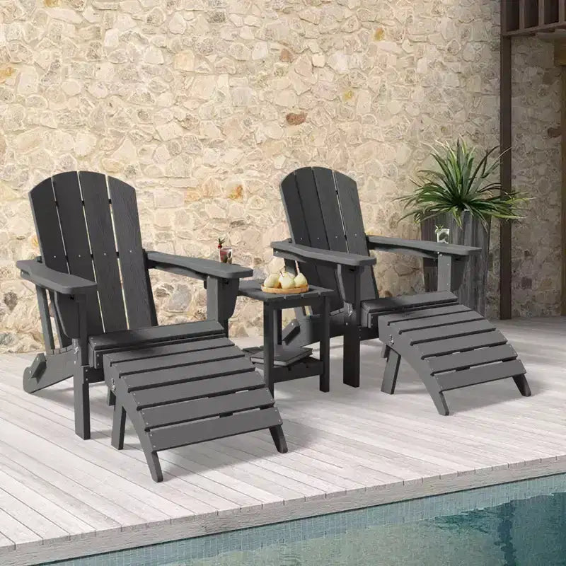 Outdoor 5-Piece Patio Conversation Set with 2 Folding Ottomans,Double-Tier End Side Table and 2 Adjustable Plastic Patio Adirondack Chairs
