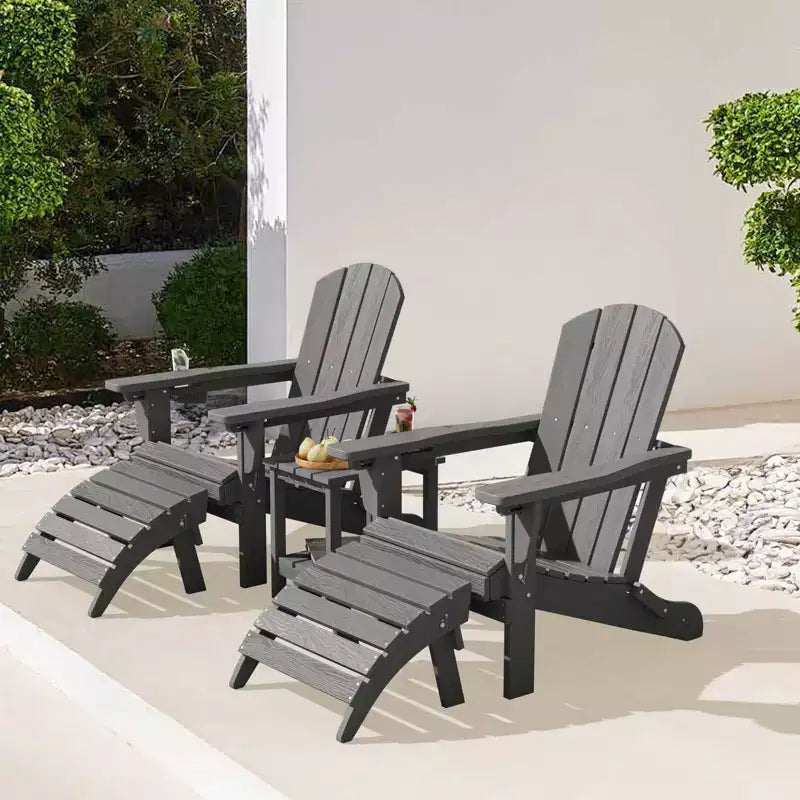 Outdoor 5-Piece Patio Conversation Set with 2 Folding Ottomans,Double-Tier End Side Table and 2 Adjustable Plastic Patio Adirondack Chairs