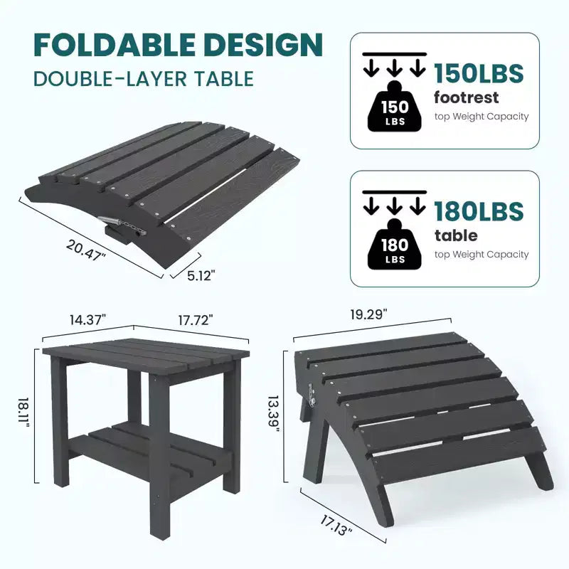 Outdoor 5-Piece Patio Conversation Set with 2 Folding Ottomans,Double-Tier End Side Table and 2 Adjustable Plastic Patio Adirondack Chairs