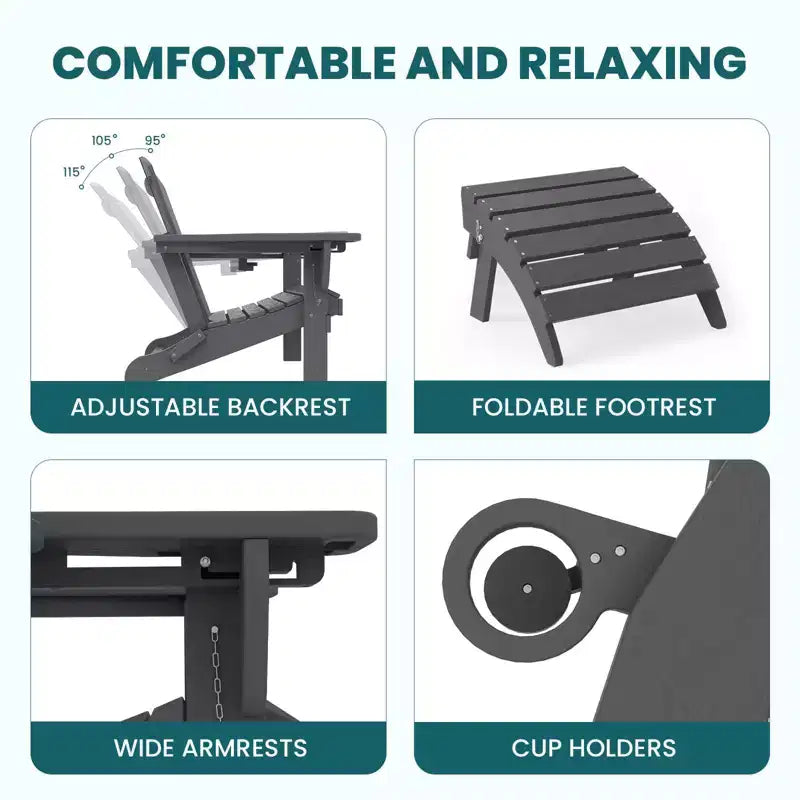 Outdoor 5-Piece Patio Conversation Set with 2 Folding Ottomans,Double-Tier End Side Table and 2 Adjustable Plastic Patio Adirondack Chairs