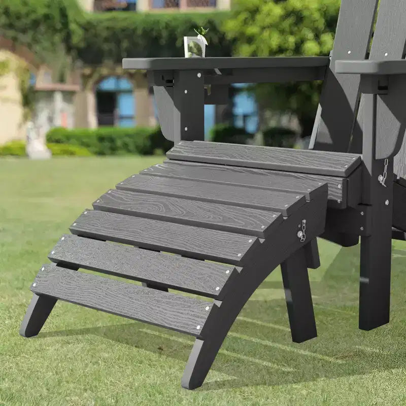 Outdoor 5-Piece Patio Conversation Set with 2 Folding Ottomans,Double-Tier End Side Table and 2 Adjustable Plastic Patio Adirondack Chairs