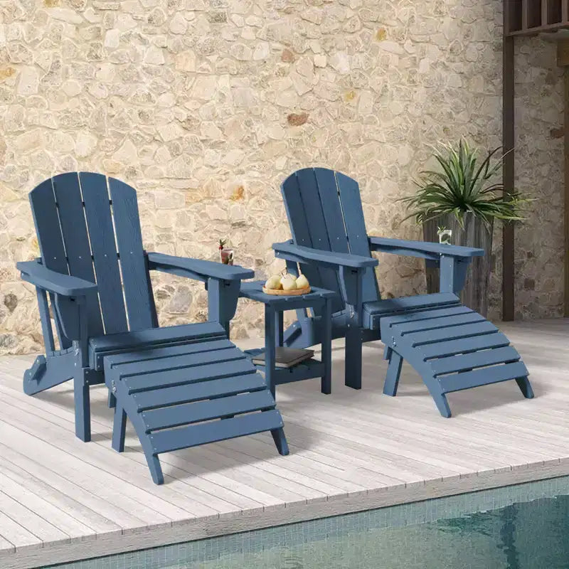 Outdoor 5-Piece Patio Conversation Set with 2 Folding Ottomans,Double-Tier End Side Table and 2 Adjustable Plastic Patio Adirondack Chairs