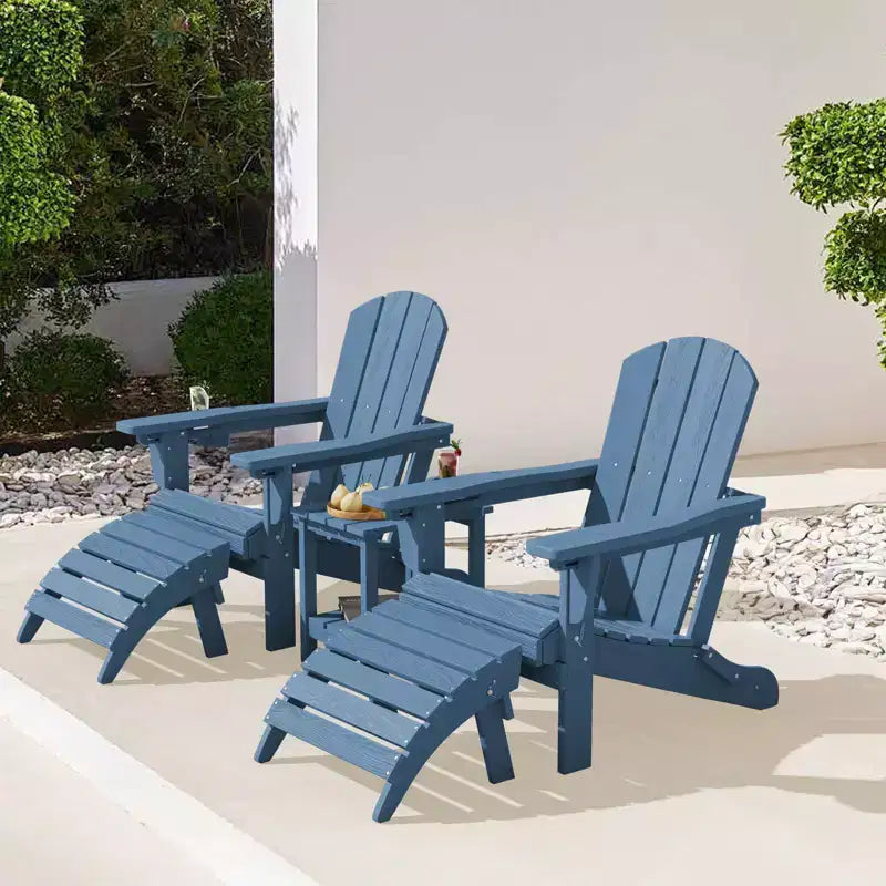 Outdoor 5-Piece Patio Conversation Set with 2 Folding Ottomans,Double-Tier End Side Table and 2 Adjustable Plastic Patio Adirondack Chairs