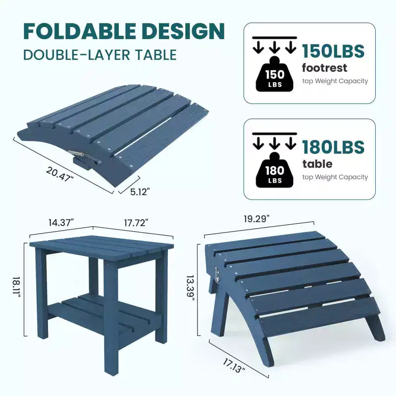 Outdoor 5-Piece Patio Conversation Set with 2 Folding Ottomans,Double-Tier End Side Table and 2 Adjustable Plastic Patio Adirondack Chairs