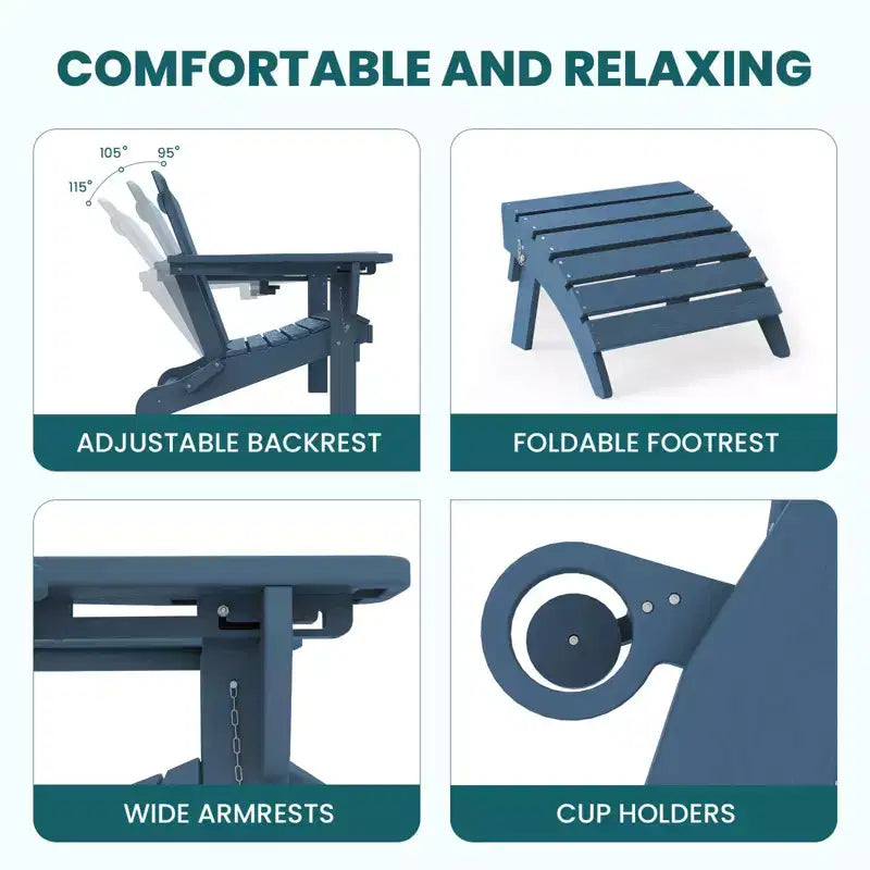 Outdoor 5-Piece Patio Conversation Set with 2 Folding Ottomans,Double-Tier End Side Table and 2 Adjustable Plastic Patio Adirondack Chairs
