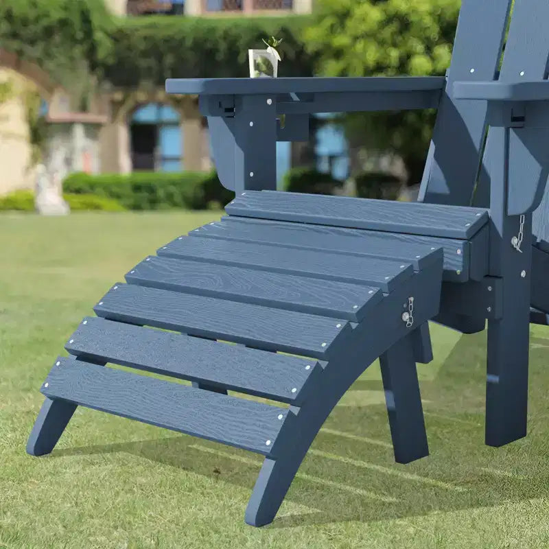 Outdoor 5-Piece Patio Conversation Set with 2 Folding Ottomans,Double-Tier End Side Table and 2 Adjustable Plastic Patio Adirondack Chairs