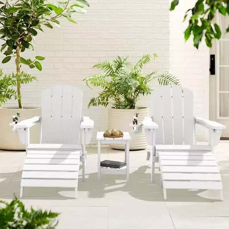Outdoor 5-Piece Patio Conversation Set with 2 Folding Ottomans,Double-Tier End Side Table and 2 Adjustable Plastic Patio Adirondack Chairs