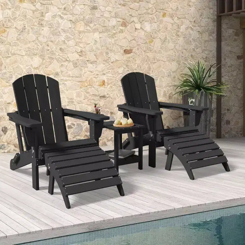 Outdoor 5-Piece Patio Conversation Set with 2 Folding Ottomans,Double-Tier End Side Table and 2 Adjustable Plastic Patio Adirondack Chairs