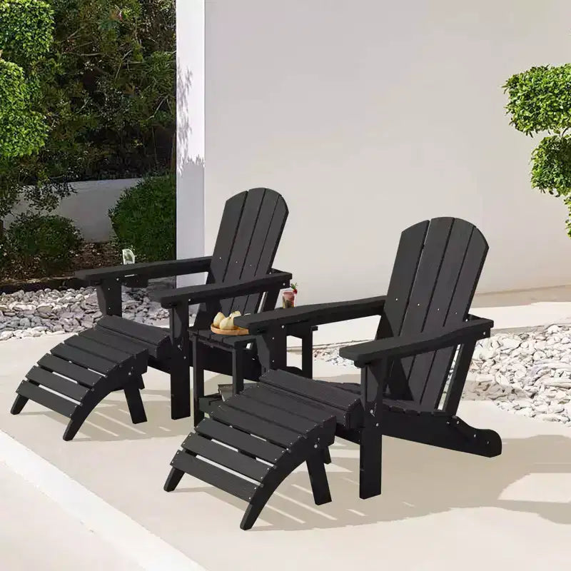 Outdoor 5-Piece Patio Conversation Set with 2 Folding Ottomans,Double-Tier End Side Table and 2 Adjustable Plastic Patio Adirondack Chairs