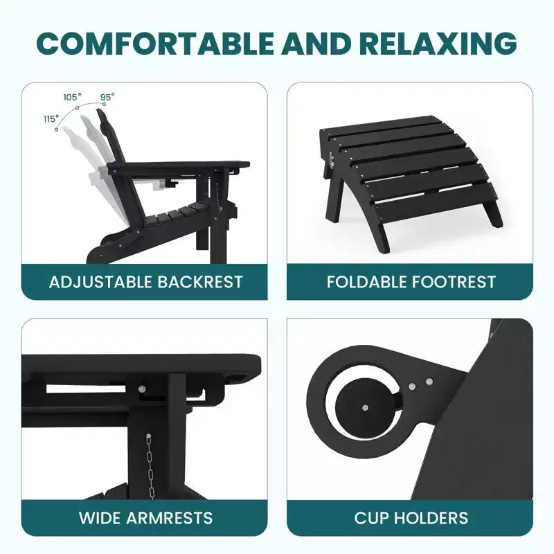 Outdoor 5-Piece Patio Conversation Set with 2 Folding Ottomans,Double-Tier End Side Table and 2 Adjustable Plastic Patio Adirondack Chairs