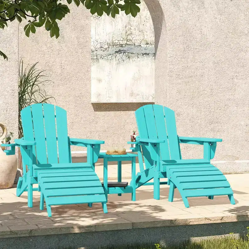 Outdoor 5-Piece Patio Conversation Set with 2 Folding Ottomans,Double-Tier End Side Table and 2 Adjustable Plastic Patio Adirondack Chairs