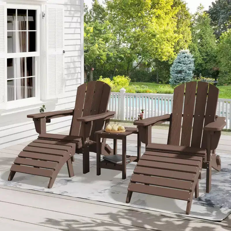 Outdoor 5-Piece Patio Conversation Set with 2 Folding Ottomans,Double-Tier End Side Table and 2 Adjustable Plastic Patio Adirondack Chairs