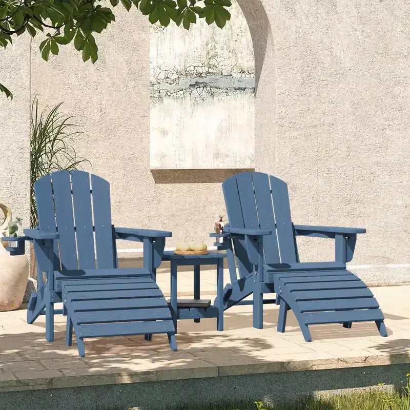 Outdoor 5-Piece Patio Conversation Set with 2 Folding Ottomans,Double-Tier End Side Table and 2 Adjustable Plastic Patio Adirondack Chairs