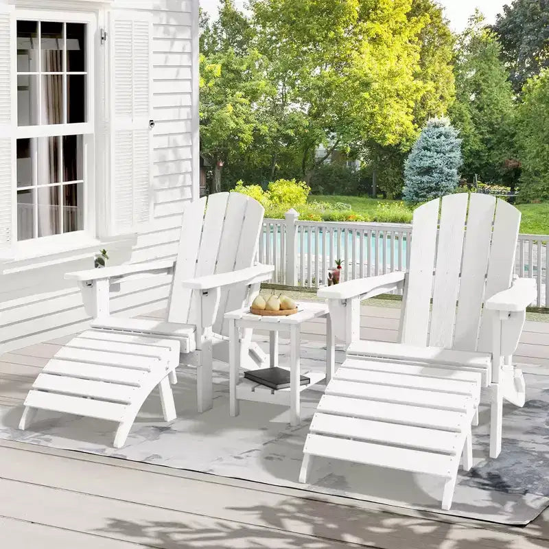 Outdoor 5-Piece Patio Conversation Set with 2 Folding Ottomans,Double-Tier End Side Table and 2 Adjustable Plastic Patio Adirondack Chairs