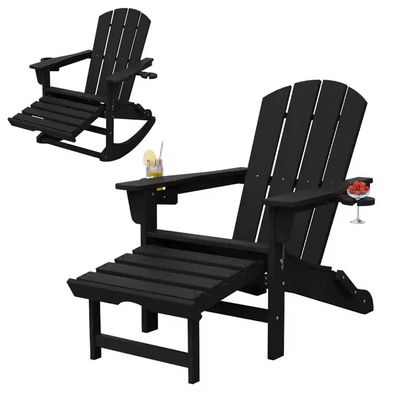 Fauteuil à bascule Adirondack avec repose-pieds escamotable et porte-gobelet, chaise Adirondack pliante en PEHD résistant aux intempéries, fauteuil de foyer pour les porches, les terrasses