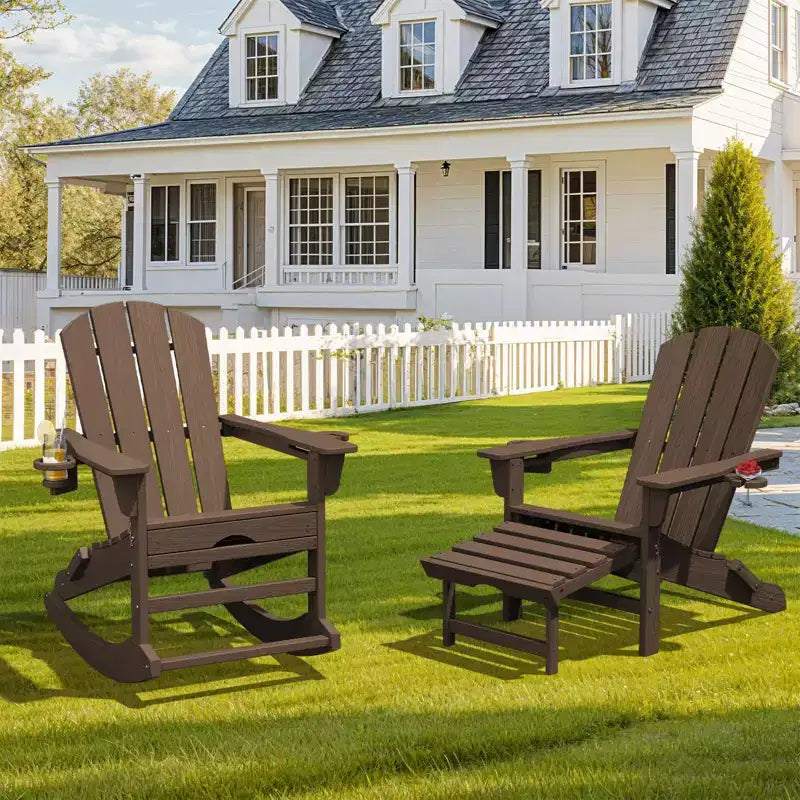 Fauteuil à bascule Adirondack avec repose-pieds escamotable et porte-gobelet, chaise Adirondack pliante en PEHD résistant aux intempéries, fauteuil de foyer pour les porches, les terrasses