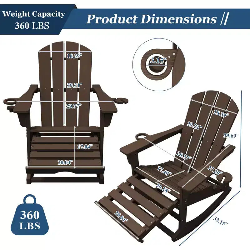 Fauteuil à bascule Adirondack avec repose-pieds escamotable et porte-gobelet, chaise Adirondack pliante en PEHD résistant aux intempéries, fauteuil de foyer pour les porches, les terrasses