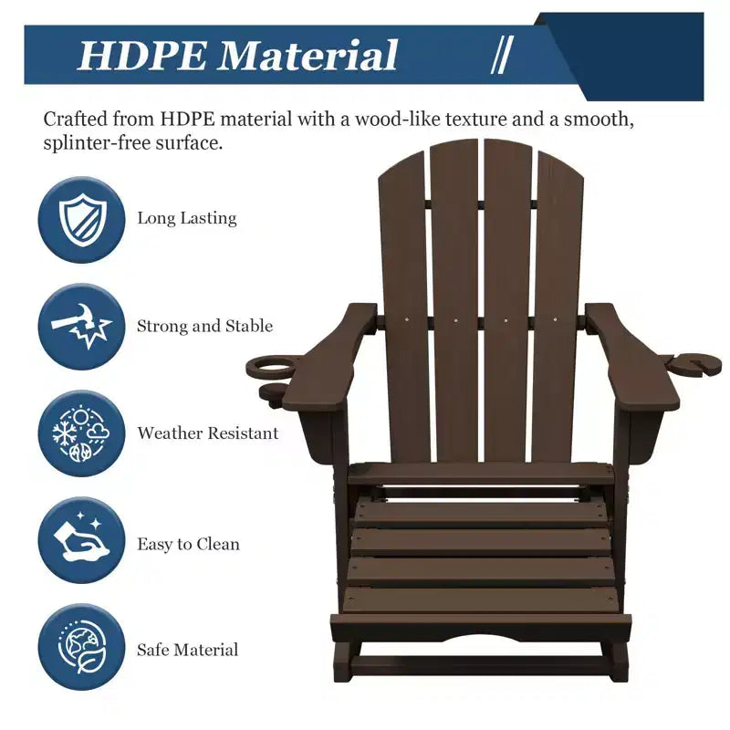 Fauteuil à bascule Adirondack avec repose-pieds escamotable et porte-gobelet, chaise Adirondack pliante en PEHD résistant aux intempéries, fauteuil de foyer pour les porches, les terrasses