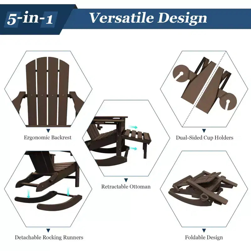 Fauteuil à bascule Adirondack avec repose-pieds escamotable et porte-gobelet, chaise Adirondack pliante en PEHD résistant aux intempéries, fauteuil de foyer pour les porches, les terrasses