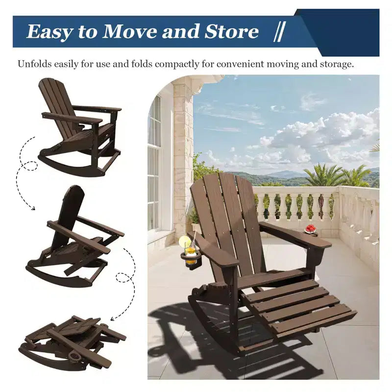 Fauteuil à bascule Adirondack avec repose-pieds escamotable et porte-gobelet, chaise Adirondack pliante en PEHD résistant aux intempéries, fauteuil de foyer pour les porches, les terrasses