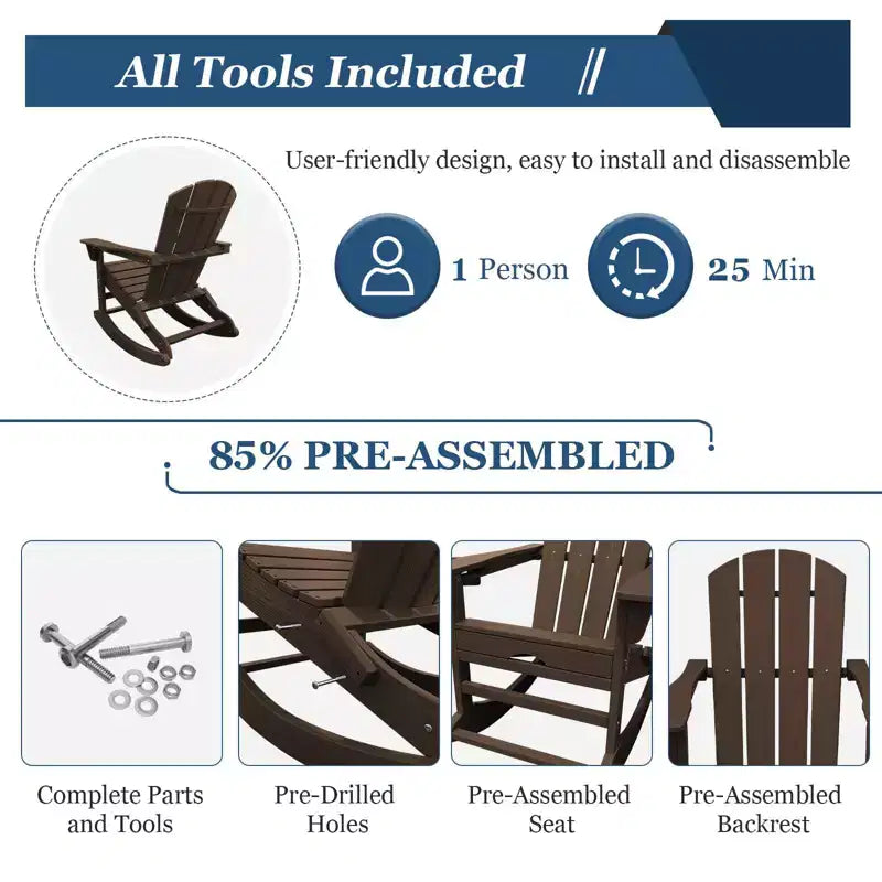 Fauteuil à bascule Adirondack avec repose-pieds escamotable et porte-gobelet, chaise Adirondack pliante en PEHD résistant aux intempéries, fauteuil de foyer pour les porches, les terrasses