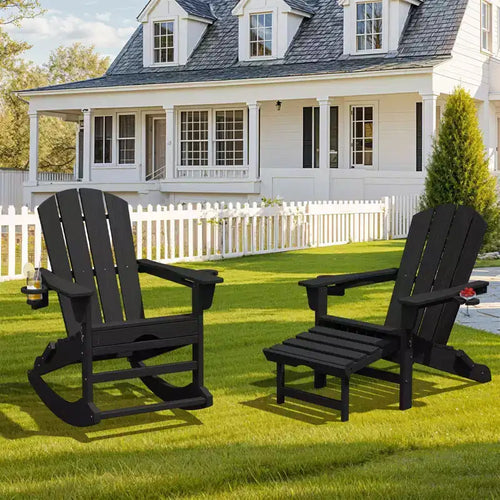 Adirondack Rocking Chair with Retractable Ottoman and Cup Holder, All Weather HDPE Folding Adirondack Chair,Fire Pit Chair for Porches, Patios