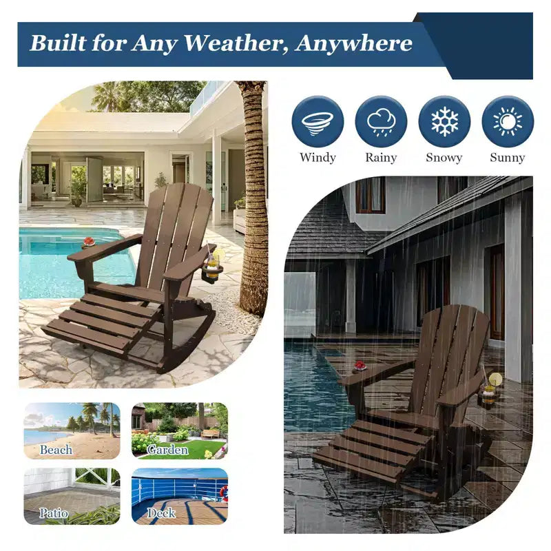 Fauteuil à bascule Adirondack avec repose-pieds escamotable et porte-gobelet, chaise Adirondack pliante en PEHD résistant aux intempéries, fauteuil de foyer pour les porches, les terrasses