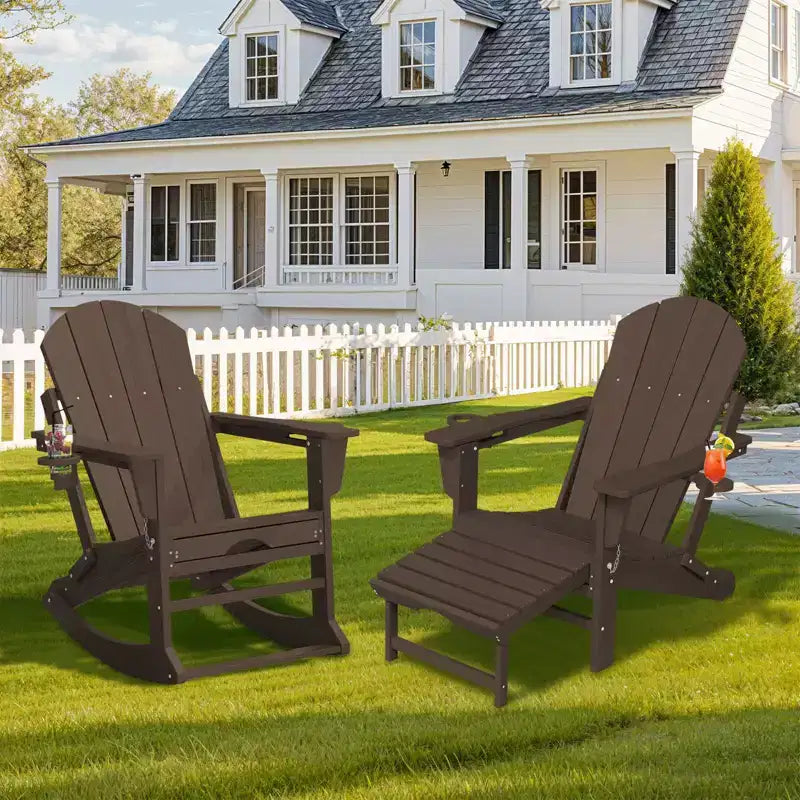 Fauteuil à bascule Adirondack avec repose-pieds escamotable et porte-gobelet, chaise Adirondack pliante en PEHD résistant aux intempéries, fauteuil de foyer pour les porches, les terrasses