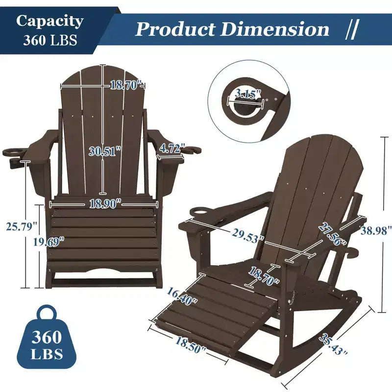 Fauteuil à bascule Adirondack avec repose-pieds escamotable et porte-gobelet, chaise Adirondack pliante en PEHD résistant aux intempéries, fauteuil de foyer pour les porches, les terrasses