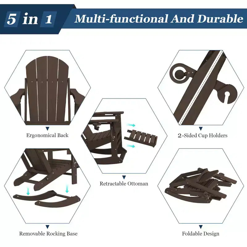 Fauteuil à bascule Adirondack avec repose-pieds escamotable et porte-gobelet, chaise Adirondack pliante en PEHD résistant aux intempéries, fauteuil de foyer pour les porches, les terrasses
