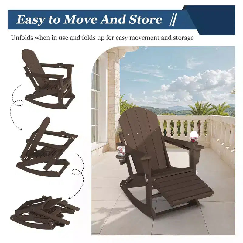 Fauteuil à bascule Adirondack avec repose-pieds escamotable et porte-gobelet, chaise Adirondack pliante en PEHD résistant aux intempéries, fauteuil de foyer pour les porches, les terrasses
