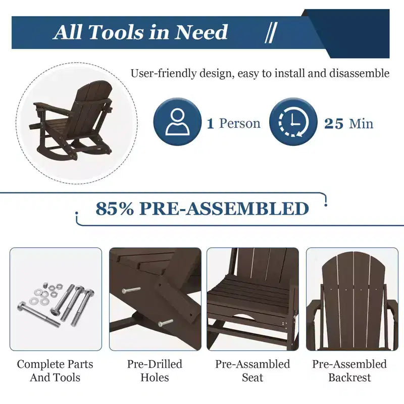 Fauteuil à bascule Adirondack avec repose-pieds escamotable et porte-gobelet, chaise Adirondack pliante en PEHD résistant aux intempéries, fauteuil de foyer pour les porches, les terrasses
