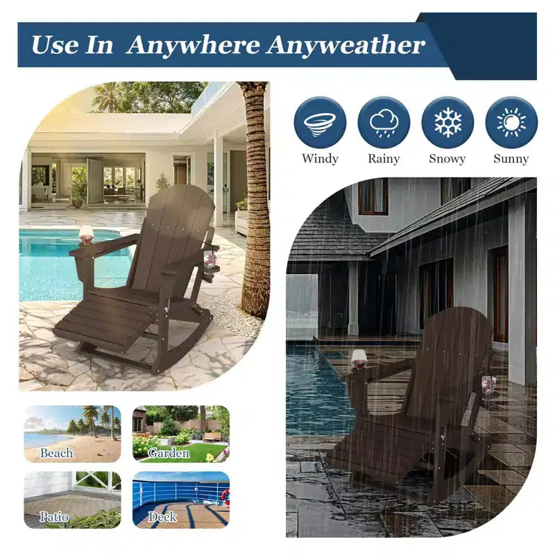 Fauteuil à bascule Adirondack avec repose-pieds escamotable et porte-gobelet, chaise Adirondack pliante en PEHD résistant aux intempéries, fauteuil de foyer pour les porches, les terrasses
