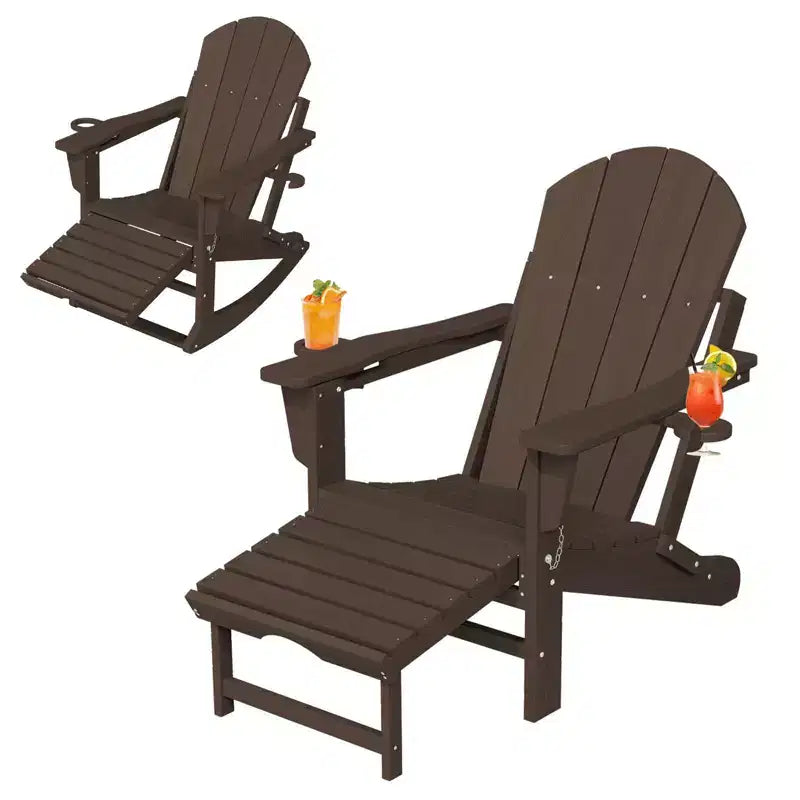 Fauteuil à bascule Adirondack avec repose-pieds escamotable et porte-gobelet, chaise Adirondack pliante en PEHD résistant aux intempéries, fauteuil de foyer pour les porches, les terrasses