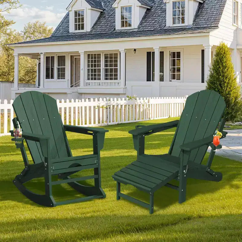 Fauteuil à bascule Adirondack avec repose-pieds escamotable et porte-gobelet, chaise Adirondack pliante en PEHD résistant aux intempéries, fauteuil de foyer pour les porches, les terrasses
