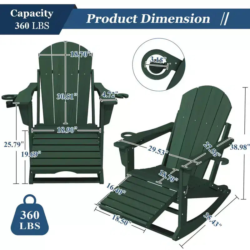 Fauteuil à bascule Adirondack avec repose-pieds escamotable et porte-gobelet, chaise Adirondack pliante en PEHD résistant aux intempéries, fauteuil de foyer pour les porches, les terrasses