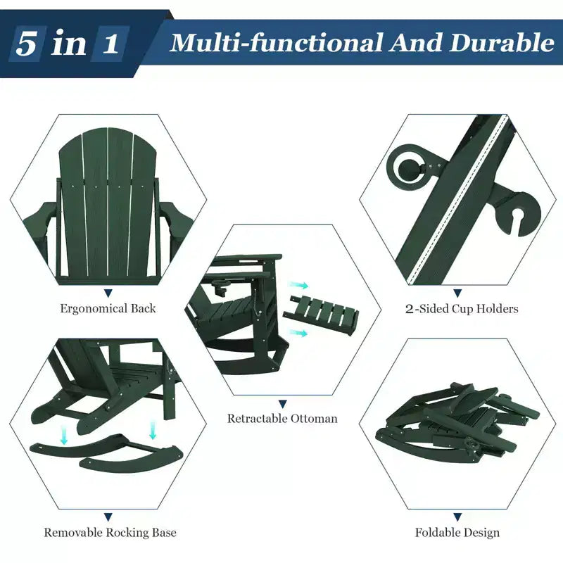 Fauteuil à bascule Adirondack avec repose-pieds escamotable et porte-gobelet, chaise Adirondack pliante en PEHD résistant aux intempéries, fauteuil de foyer pour les porches, les terrasses