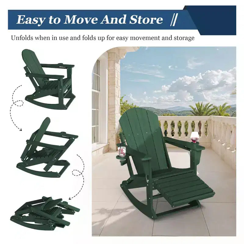Fauteuil à bascule Adirondack avec repose-pieds escamotable et porte-gobelet, chaise Adirondack pliante en PEHD résistant aux intempéries, fauteuil de foyer pour les porches, les terrasses