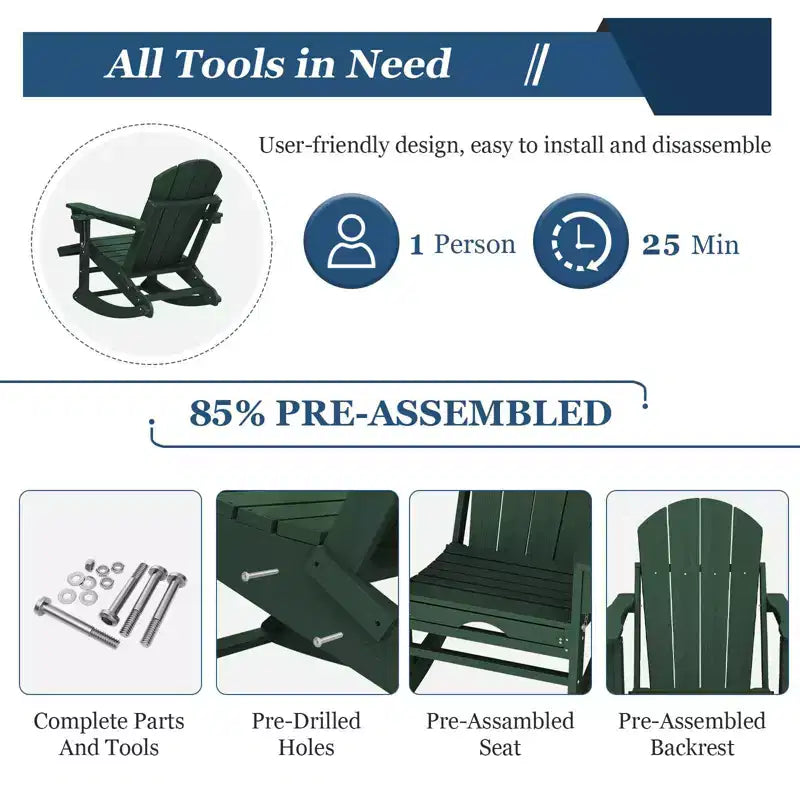 Fauteuil à bascule Adirondack avec repose-pieds escamotable et porte-gobelet, chaise Adirondack pliante en PEHD résistant aux intempéries, fauteuil de foyer pour les porches, les terrasses