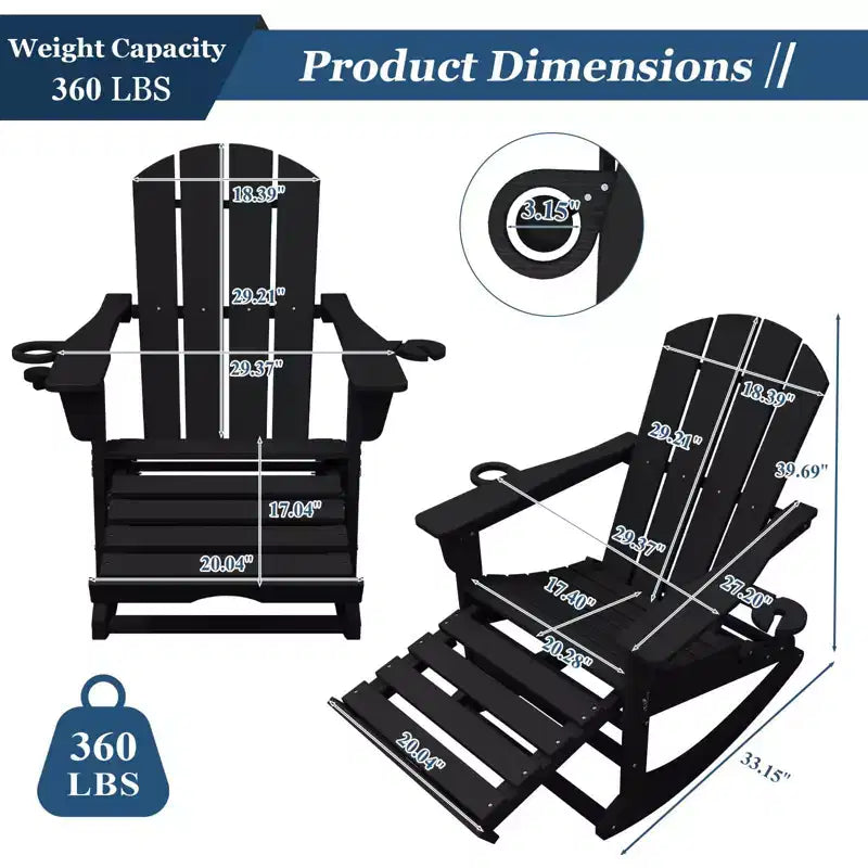 Fauteuil à bascule Adirondack avec repose-pieds escamotable et porte-gobelet, chaise Adirondack pliante en PEHD résistant aux intempéries, fauteuil de foyer pour les porches, les terrasses